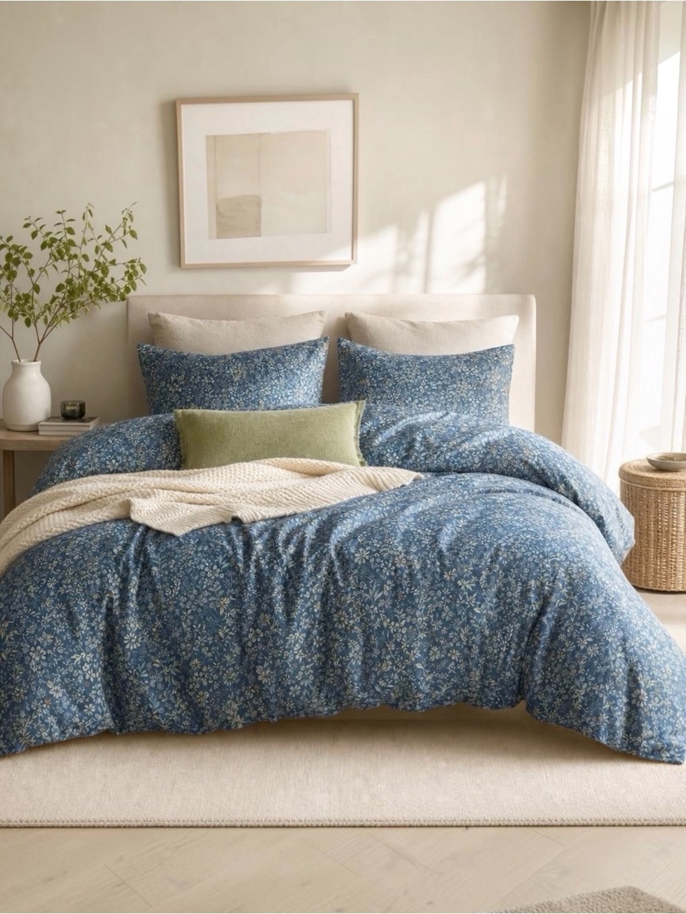 NEW Anthropologie Blue Floral Cotton Boho King / Queen Bedding Duvet & Sham Set
